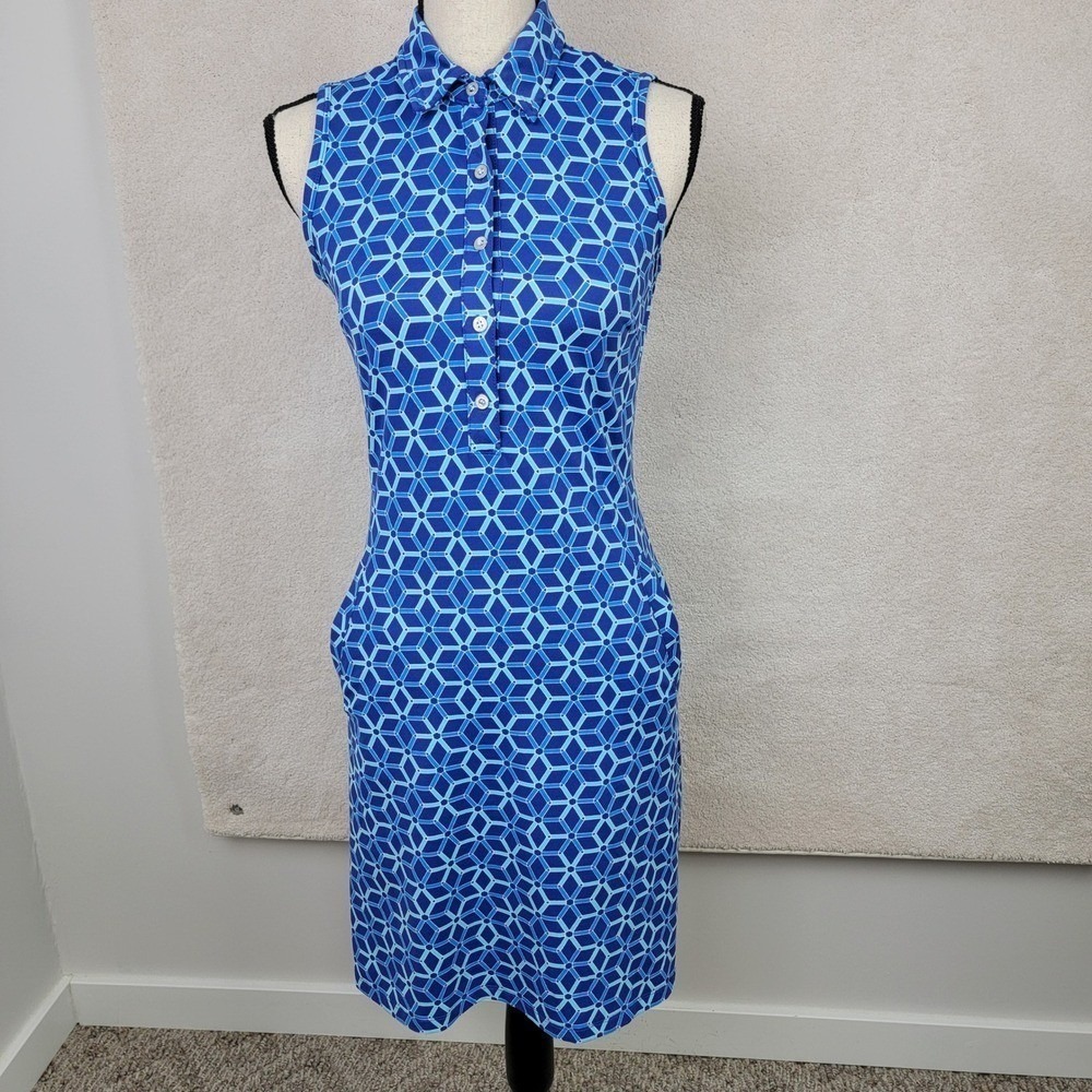 J.McLaughlin Polo Dress XS Blue Geometric Catalina Cloth Sleeveless Pockets - Picture 3 of 9